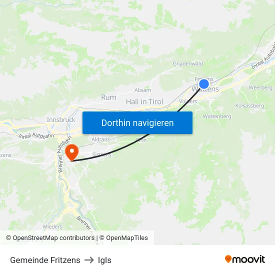 Gemeinde Fritzens to Igls map