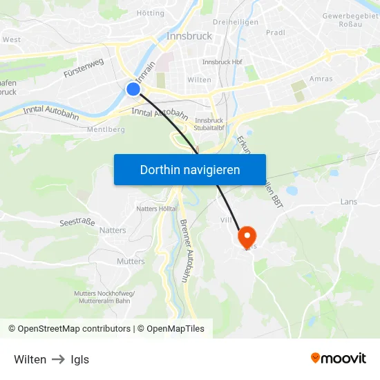 Wilten to Igls map
