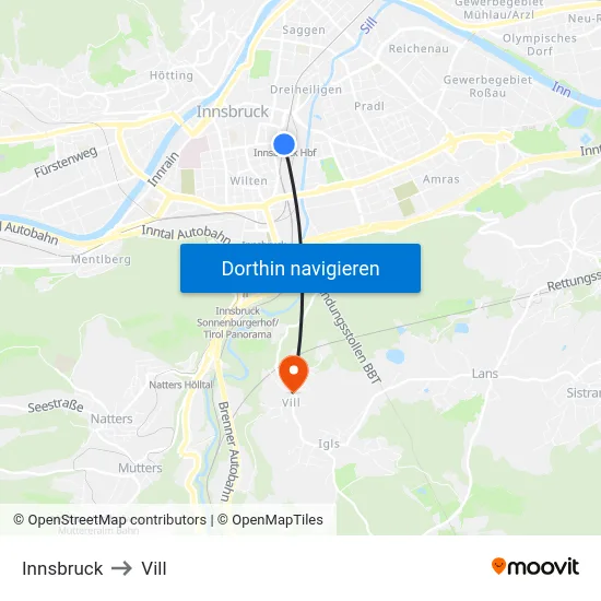 Innsbruck to Vill map