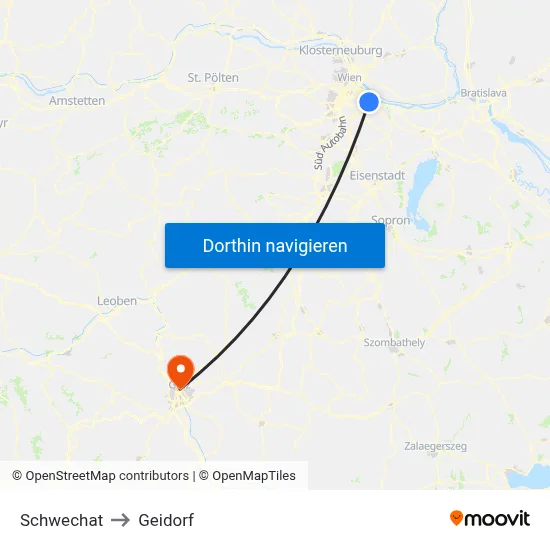 Schwechat to Geidorf map