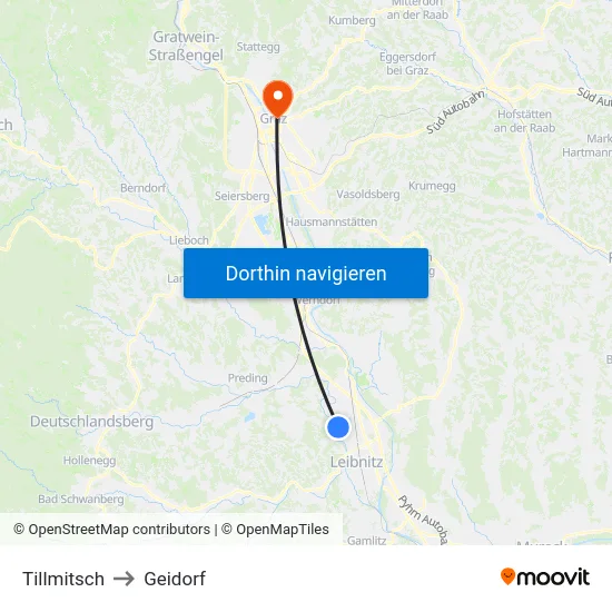 Tillmitsch to Geidorf map