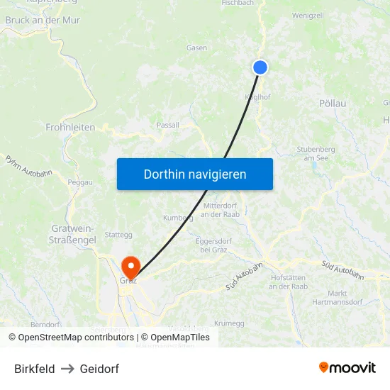 Birkfeld to Geidorf map