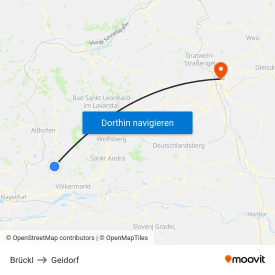 Brückl to Geidorf map