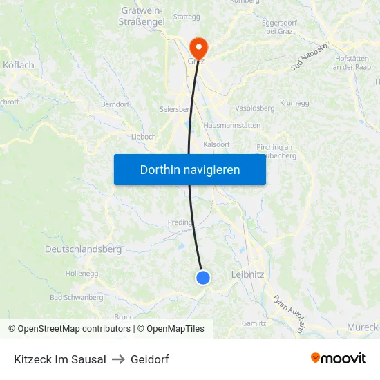 Kitzeck Im Sausal to Geidorf map