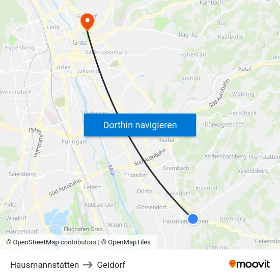 Hausmannstätten to Geidorf map