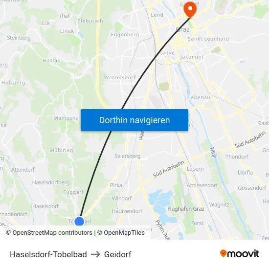 Haselsdorf-Tobelbad to Geidorf map