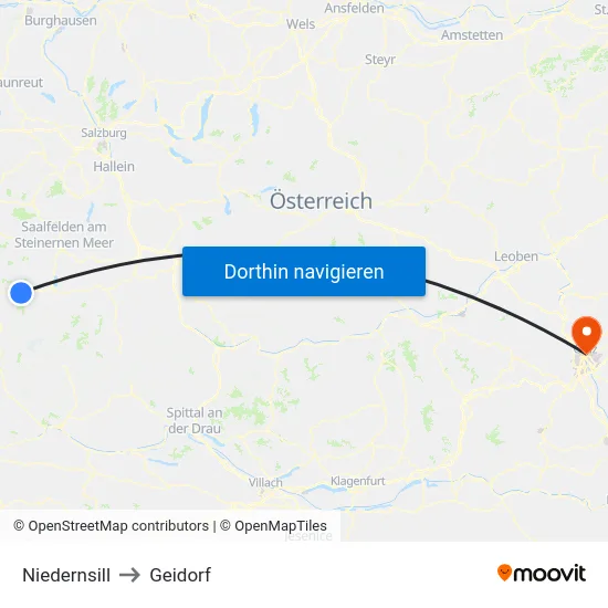 Niedernsill to Geidorf map