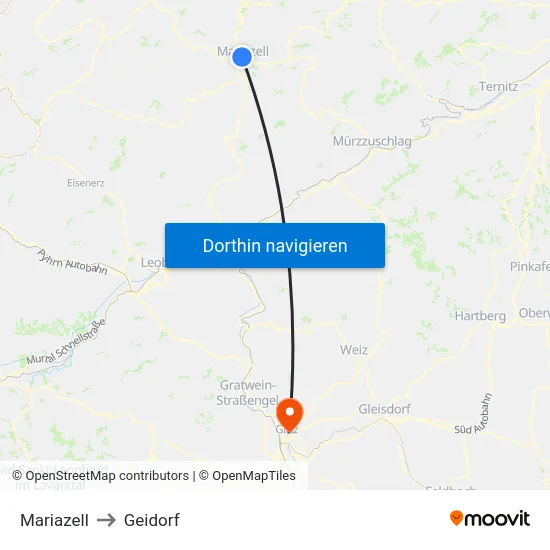 Mariazell to Geidorf map