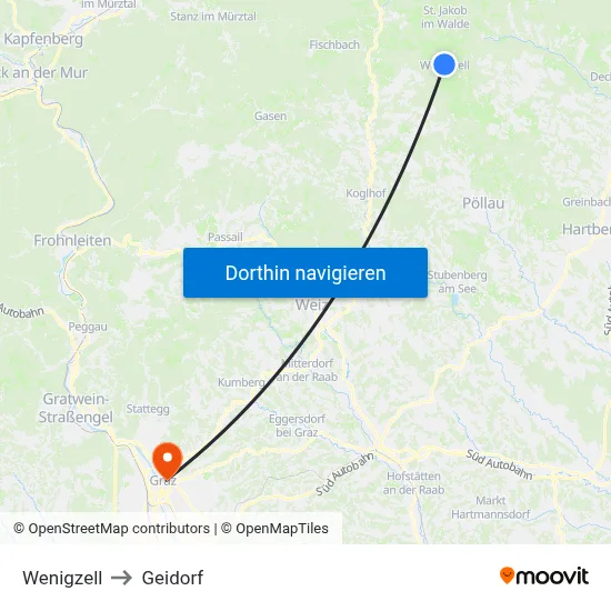 Wenigzell to Geidorf map