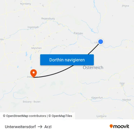 Unterweitersdorf to Arzl map