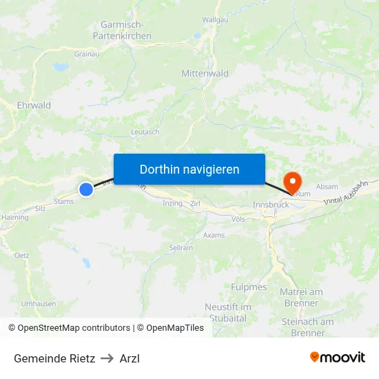 Gemeinde Rietz to Arzl map