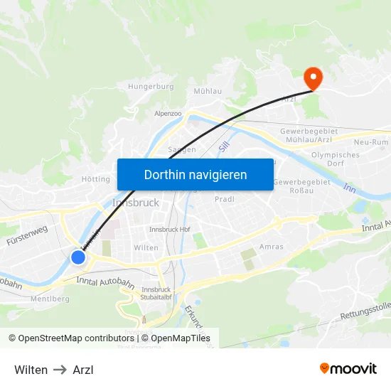 Wilten to Arzl map