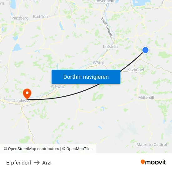 Erpfendorf to Arzl map