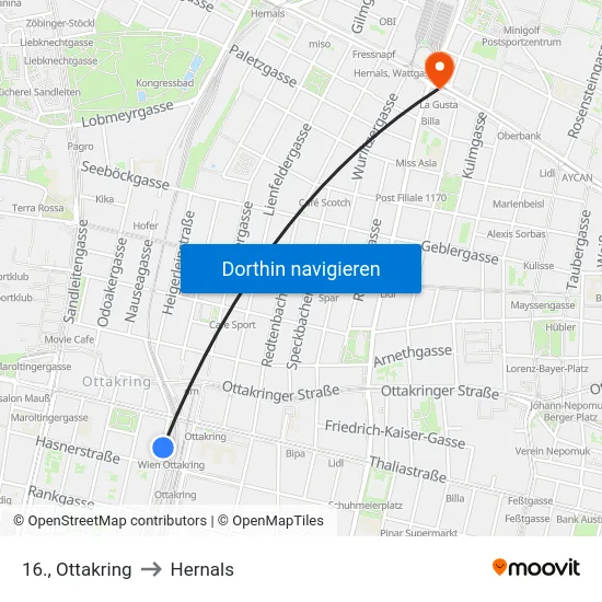 16., Ottakring to Hernals map
