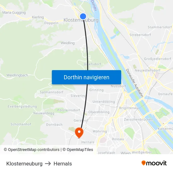 Klosterneuburg to Hernals map