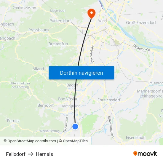 Felixdorf to Hernals map