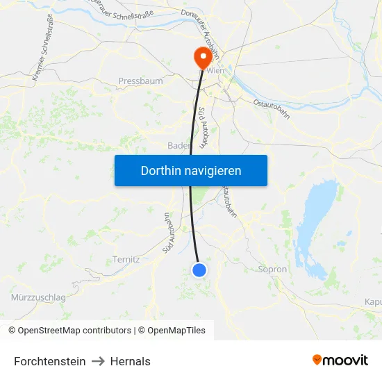Forchtenstein to Hernals map