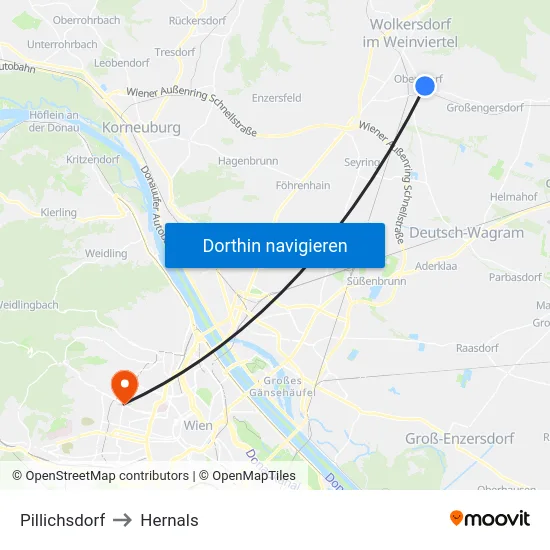 Pillichsdorf to Hernals map