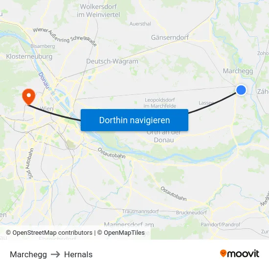 Marchegg to Hernals map