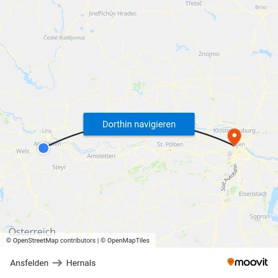 Ansfelden to Hernals map