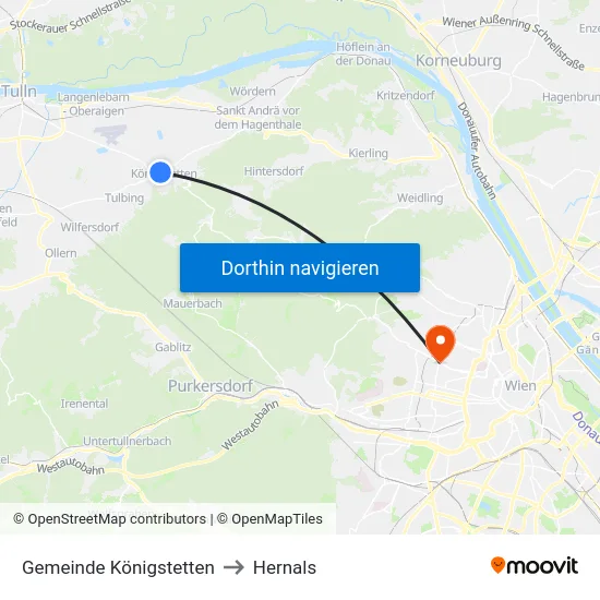 Gemeinde Königstetten to Hernals map
