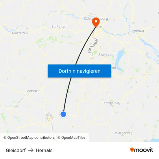 Gleisdorf to Hernals map