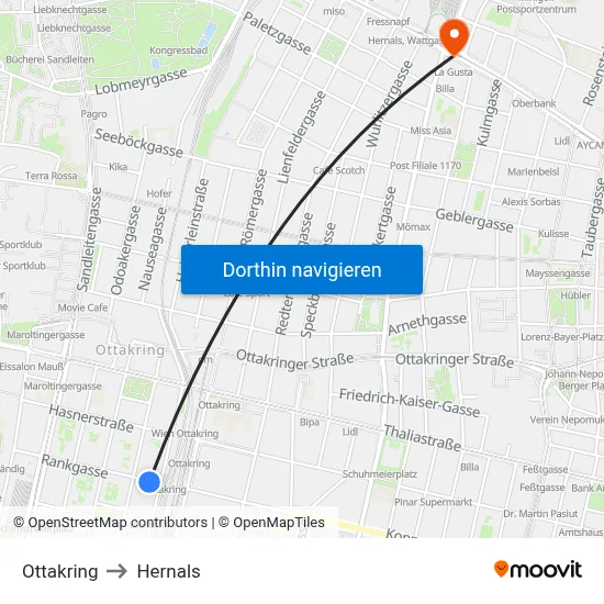 Ottakring to Hernals map