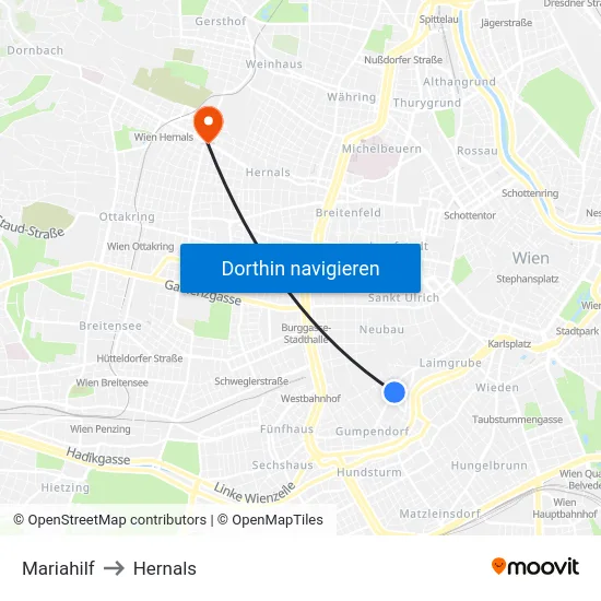 Mariahilf to Hernals map