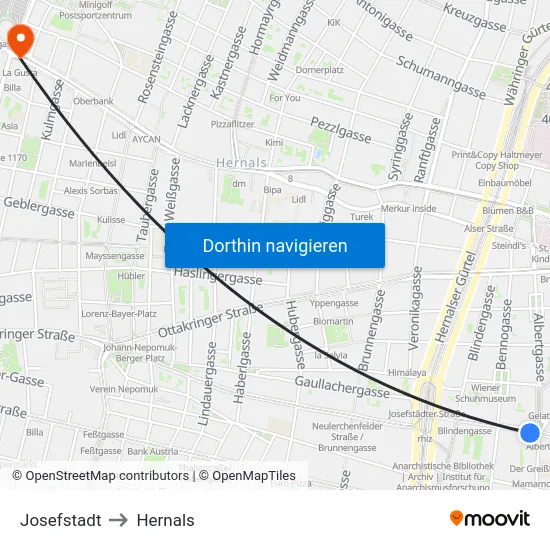 Josefstadt to Hernals map