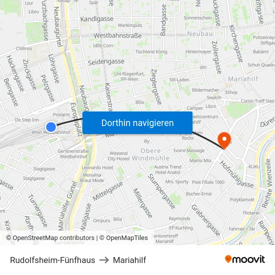 Rudolfsheim-Fünfhaus to Mariahilf map