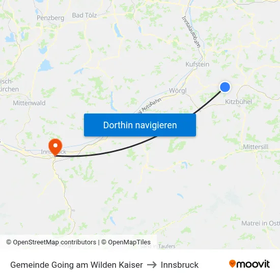 Gemeinde Going am Wilden Kaiser to Innsbruck map
