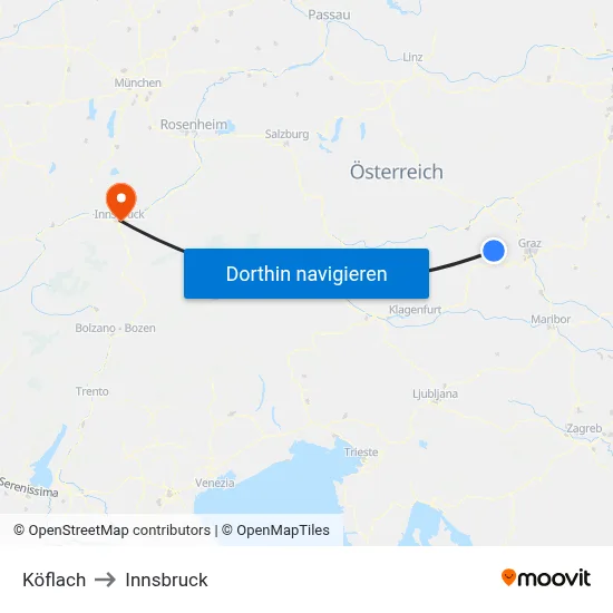 Köflach to Innsbruck map