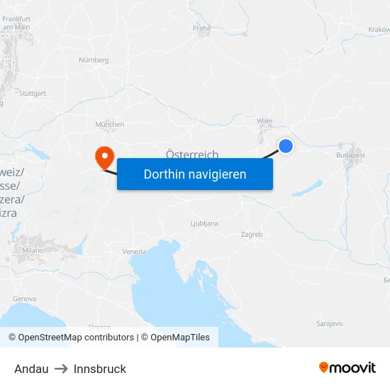 Andau to Innsbruck map
