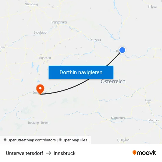 Unterweitersdorf to Innsbruck map