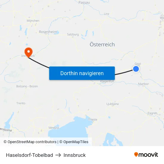 Haselsdorf-Tobelbad to Innsbruck map