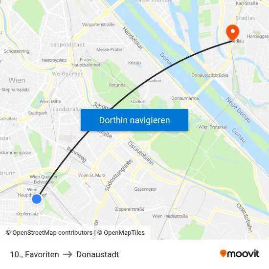 10., Favoriten to Donaustadt map