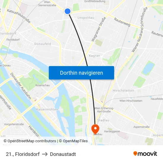 21., Floridsdorf to Donaustadt map
