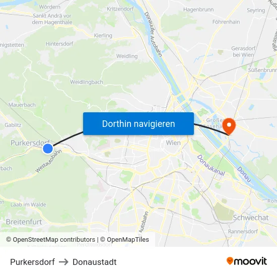 Purkersdorf to Donaustadt map