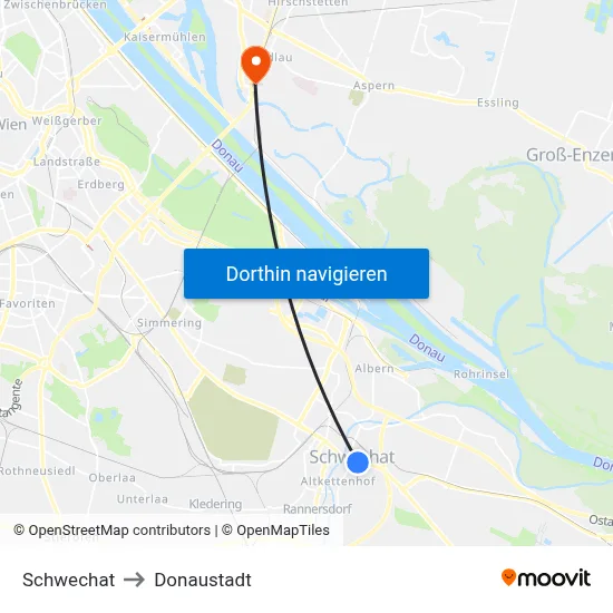 Schwechat to Donaustadt map