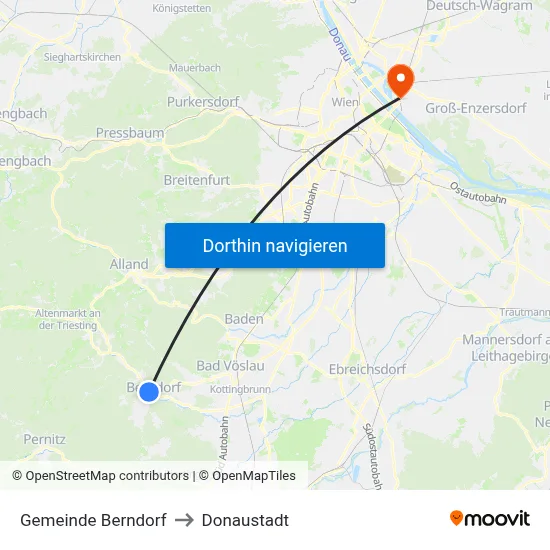 Gemeinde Berndorf to Donaustadt map