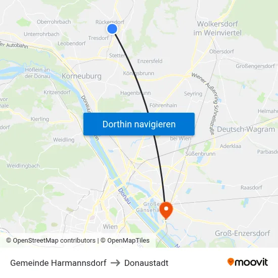 Gemeinde Harmannsdorf to Donaustadt map