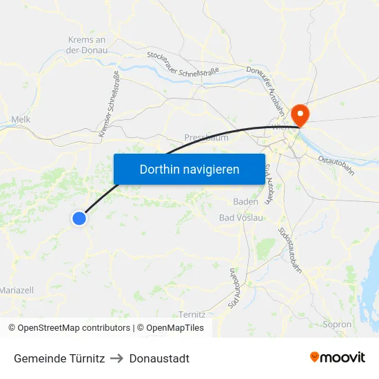 Gemeinde Türnitz to Donaustadt map