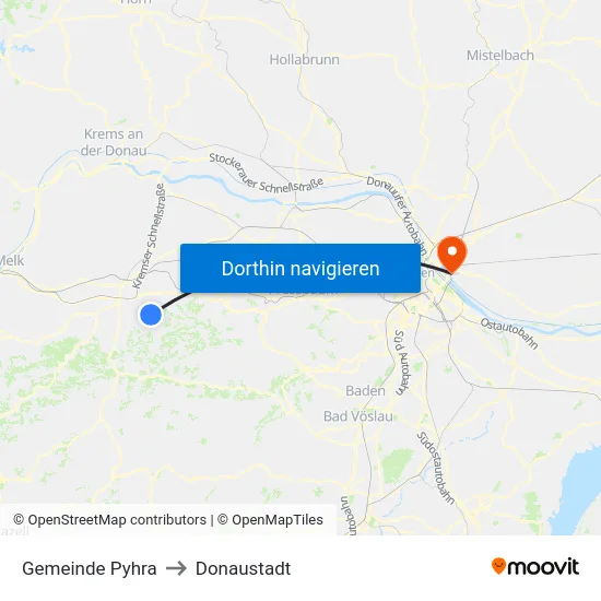 Gemeinde Pyhra to Donaustadt map