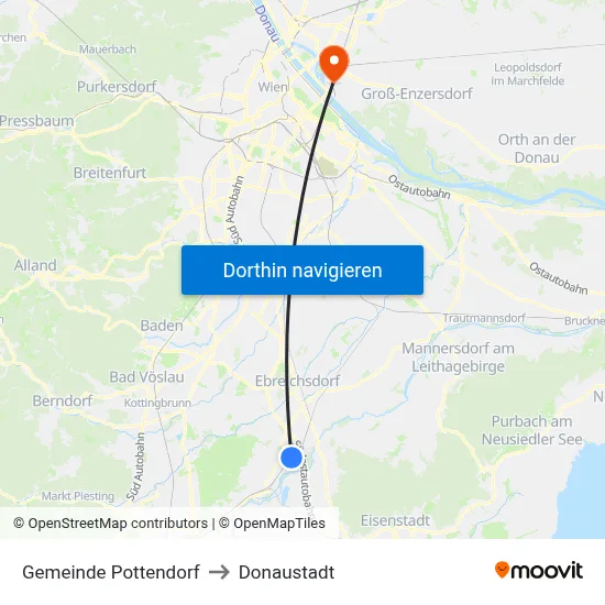 Gemeinde Pottendorf to Donaustadt map