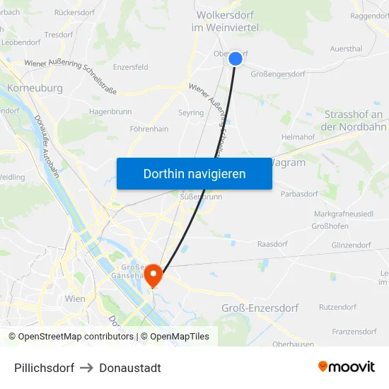 Pillichsdorf to Donaustadt map