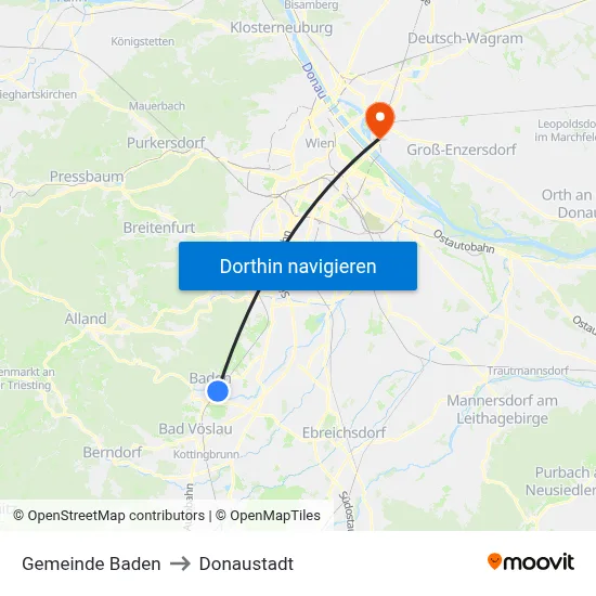 Gemeinde Baden to Donaustadt map