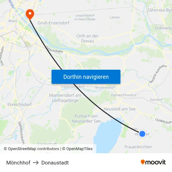 Mönchhof to Donaustadt map
