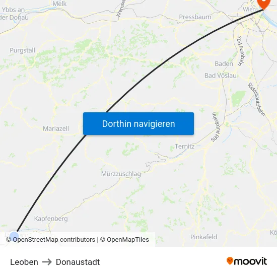 Leoben to Donaustadt map