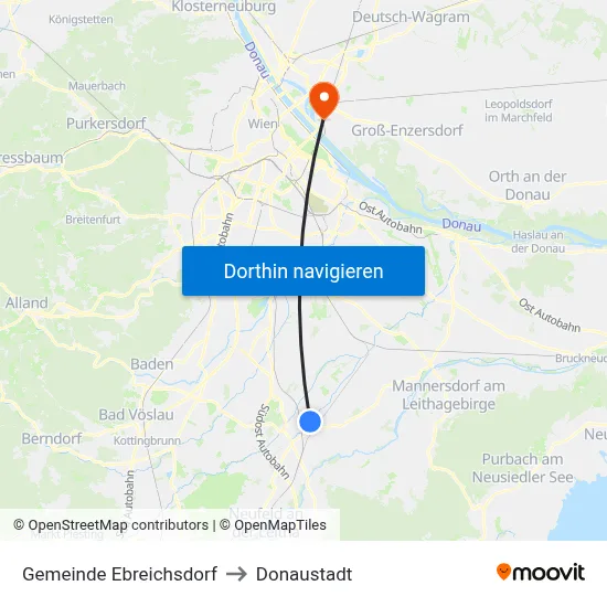Gemeinde Ebreichsdorf to Donaustadt map