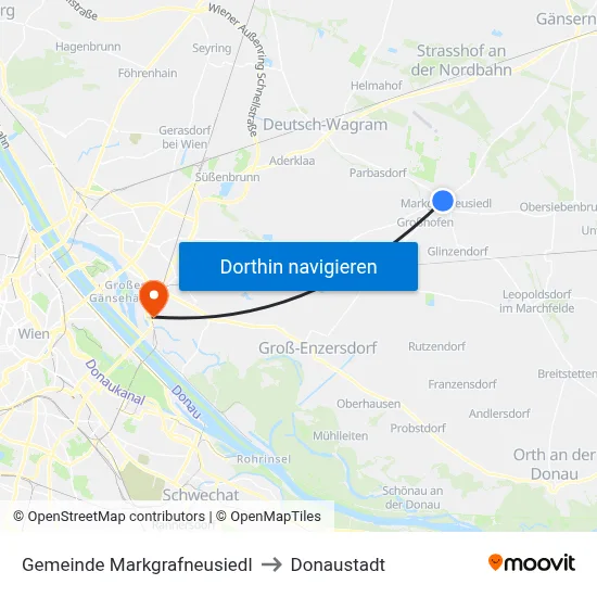 Gemeinde Markgrafneusiedl to Donaustadt map